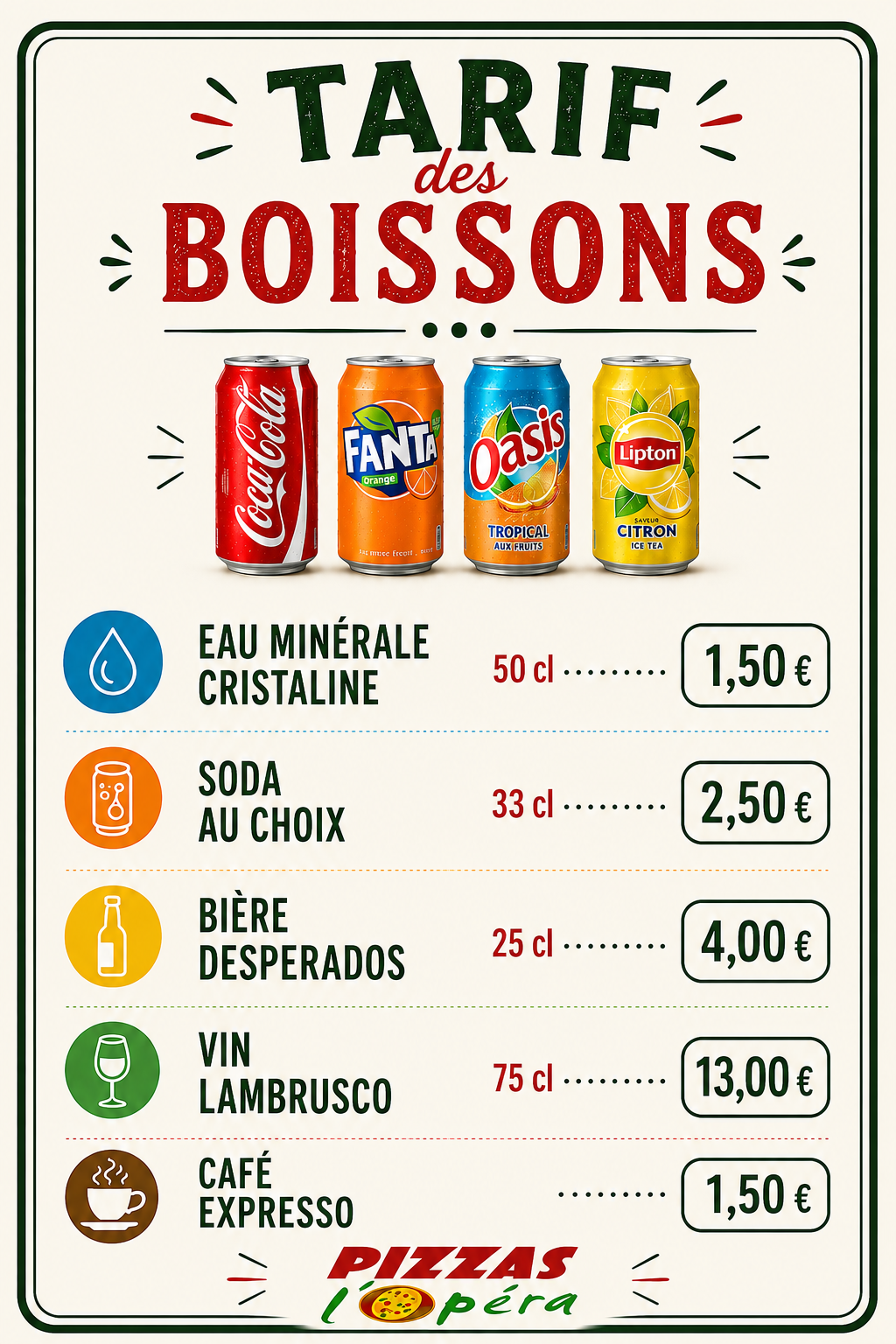 Tarif des boissons